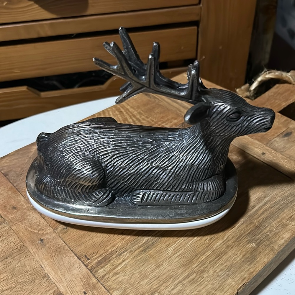 Pottery Barn Stag pewter butter dish in EUC RARE